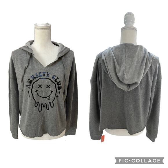 NWT Anxiety Club Dripping Smiley Face Gray Hooded Sweatshirt Oversized SZ Small - Picture 1 of 12